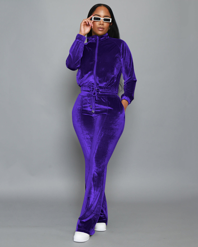 Women Long Sleeve Velvet Solid Color Flared Pants Sets Two Pieces Outfit Orange Purple Green Silver S-XL