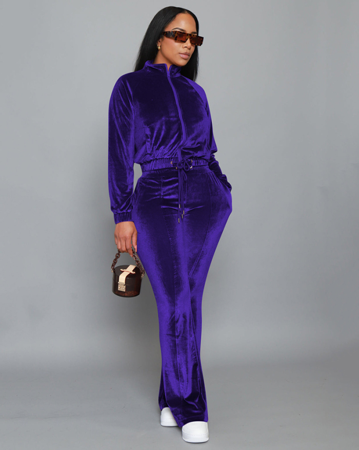 Women Long Sleeve Velvet Solid Color Flared Pants Sets Two Pieces Outfit Orange Purple Green Silver S-XL