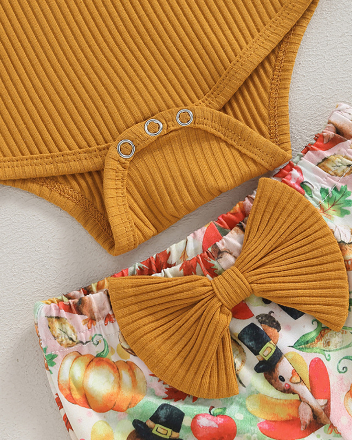 Girls Knit Turkey Printed Flared Pants Thanksgiving Pajamas Coffee Apricot Orange 60cm-90cm