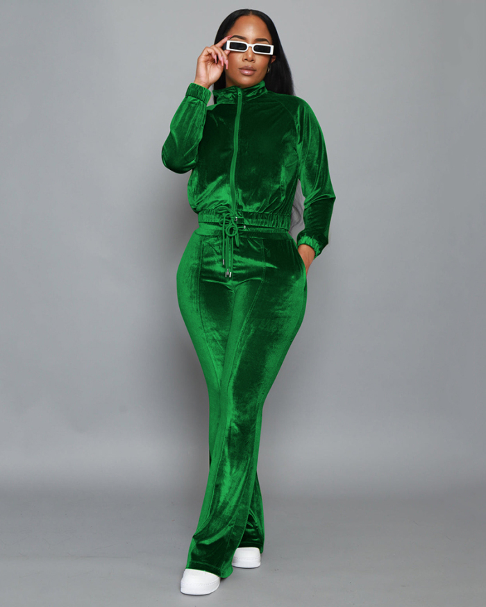 Women Long Sleeve Velvet Solid Color Flared Pants Sets Two Pieces Outfit Orange Purple Green Silver S-XL