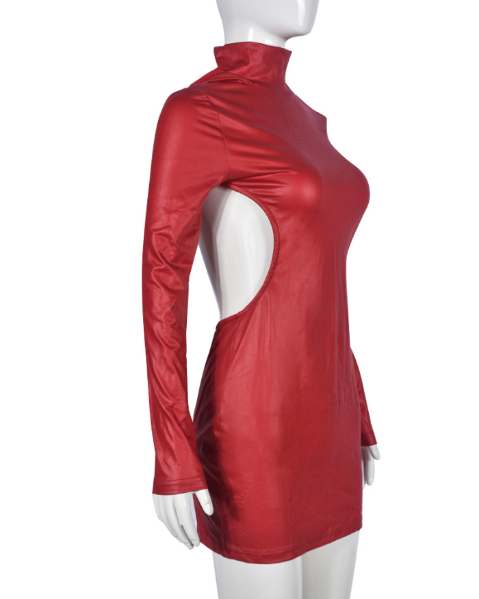 Red Women Long Sleeve Hoodies Hollow Out Back One-piece Dress Red S-L