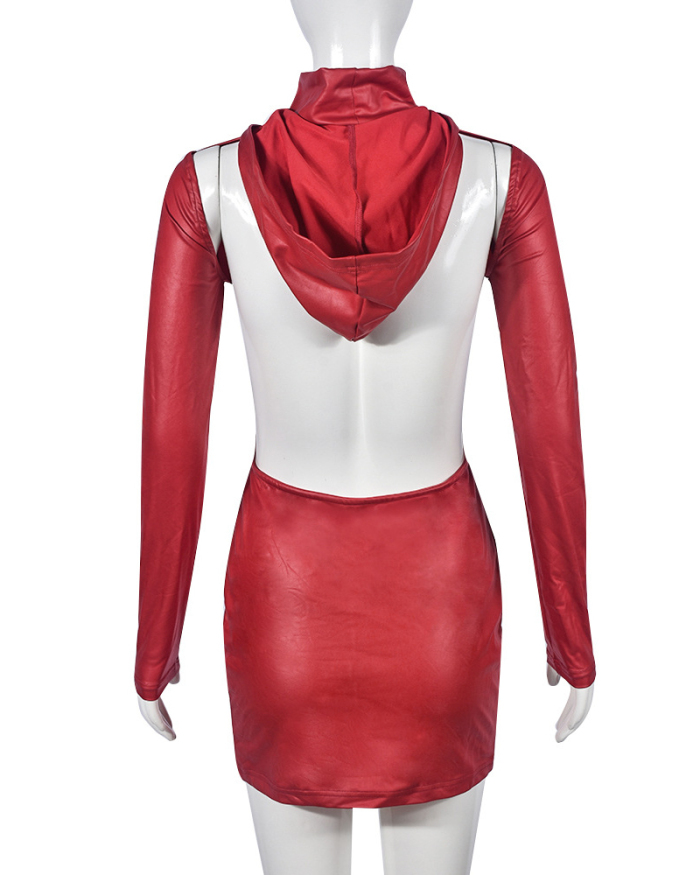 Red Women Long Sleeve Hoodies Hollow Out Back One-piece Dress Red S-L