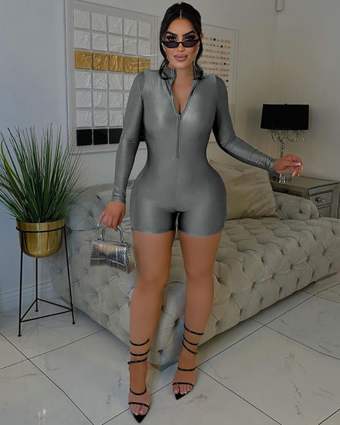 2023 New Long Sleeve Half Zipper Slim Rompers Street Fashion Black Gray Green S-L