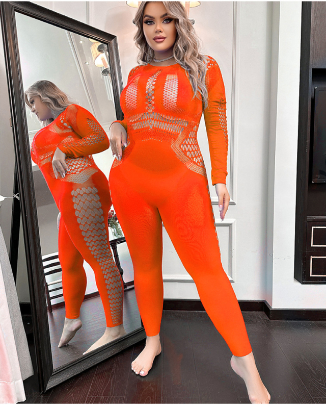 Long Sleeve Women Mesh Fashion See Through Jumpsuit