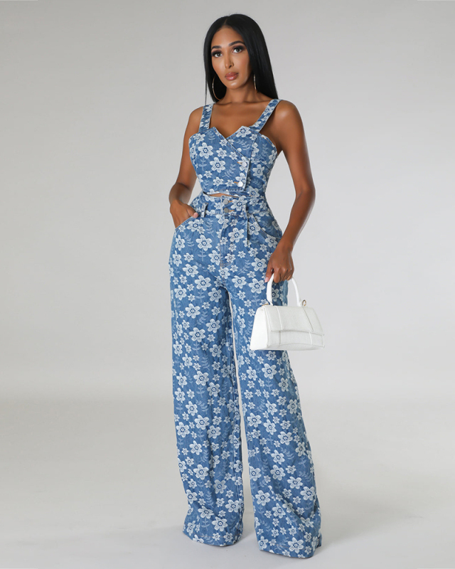 Fashion Sleeveless V Neck Crop Top Wide legs Denim Jacquard Lassie Pants Sets S-2XL