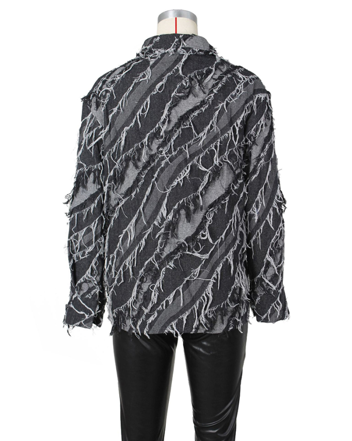 Newest Tassels Long Sleeve Lapel Jean Shirt Coat Black Blue S-2XL