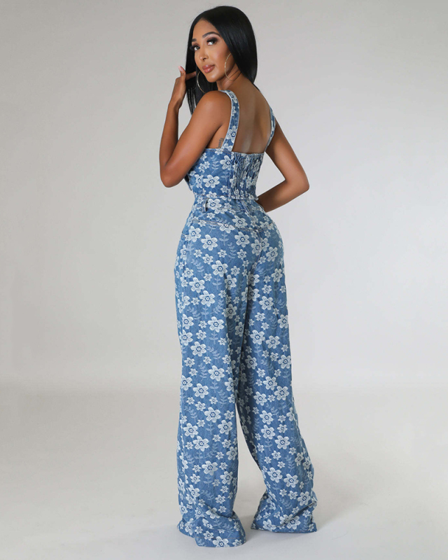 Fashion Sleeveless V Neck Crop Top Wide legs Denim Jacquard Lassie Pants Sets S-2XL