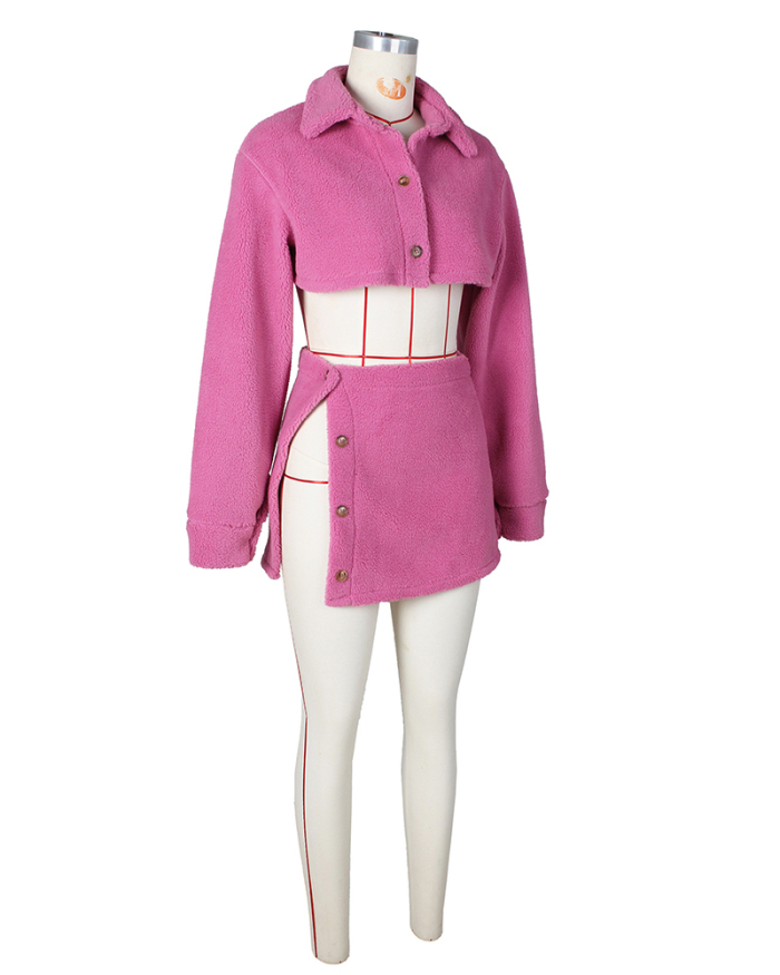 Women Fall Winter Long Sleeve Lamb Wool Two-piece Skirt Sets Brown White Pink Black S-2XL
