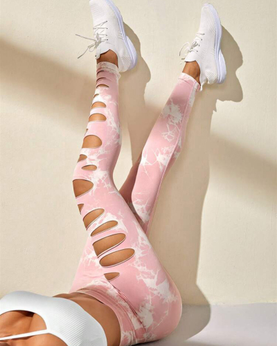 Women Hollow Out Tie Dye Sports Pants Yoga Leggings S-L