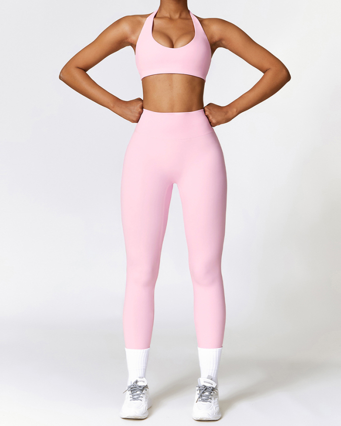 Good Quality Women Halter Neck Bra Pants Yoga Two-piece Set Black Gray Pink Green S-XL