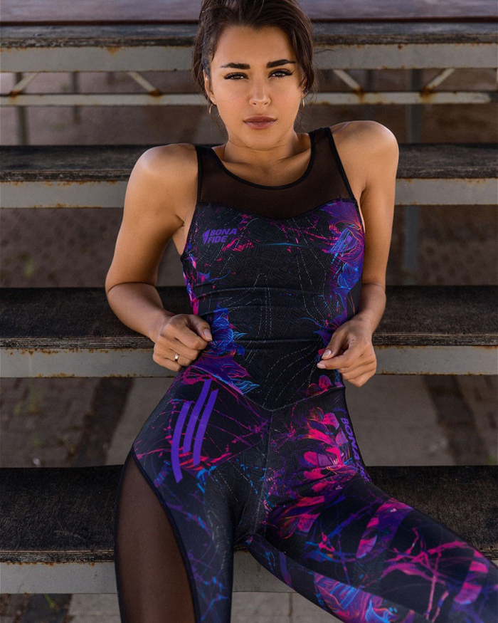 Women Colorblock Sleeveless Mesh Leg Slim Yoga Jumpsuit Purple S-XL