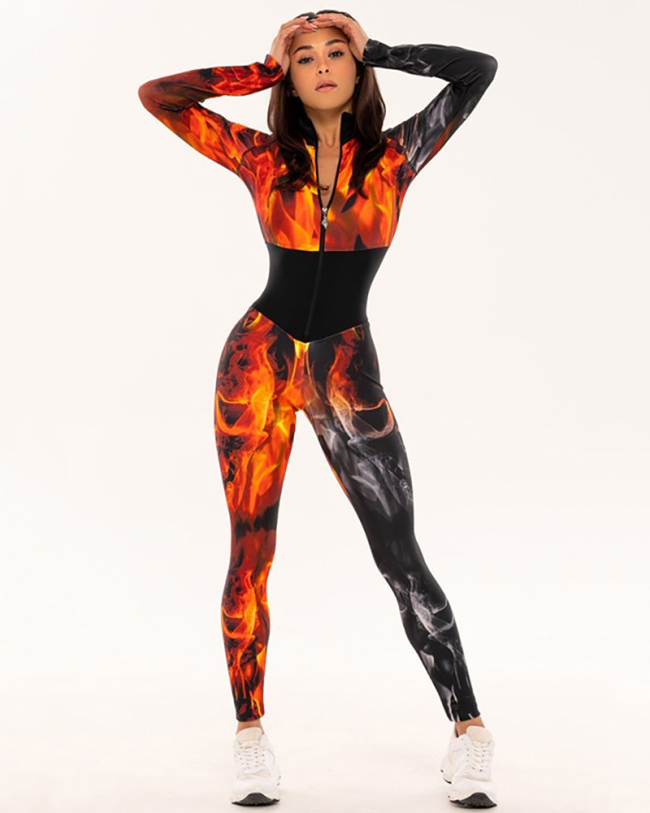 Women Fashion Printing Long Sleeve Zipper Sports Yoga Jumpsuit S-XL