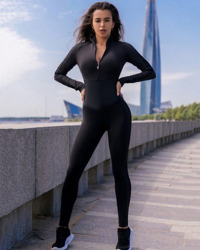 Long Sleeve Half Zipper Black Solid Color Slim Yoga Jumpsuit Black S-XL