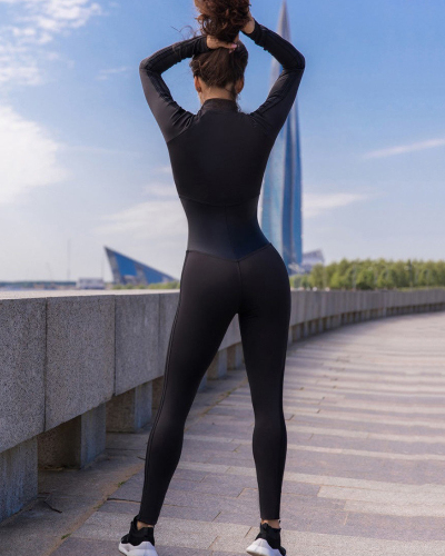 Long Sleeve Half Zipper Black Solid Color Slim Yoga Jumpsuit Black S-XL