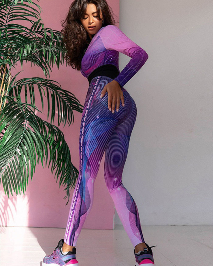 Fashion Purple Colorblock Long Sleeve Sports Women Yoga Jumpsuit S-XL