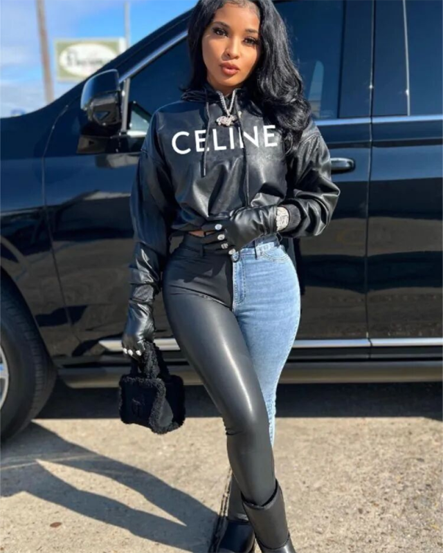 Letter Printed PU Fashion Hoodies Top