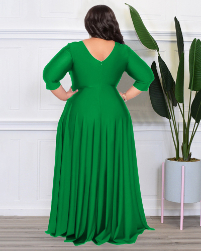 Women Long Sleeve Solid Color Maxi Evening Dress V Neck Plus Size Dresses L-4XL