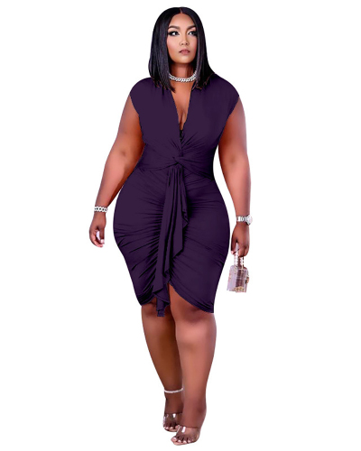 Women Sexy Sleeveless V Neck Ruched Plus Size Dresses L-4XL