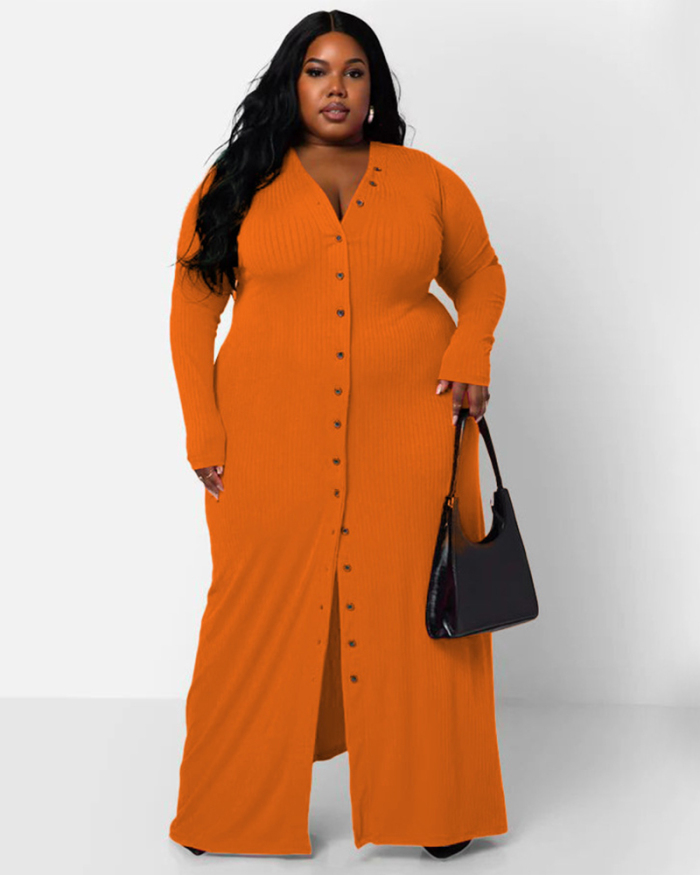 Women Long Sleeve Knitted Button Solid Color Plus Size Dresses Orange Black White Wine Red Pink XL-5XL
