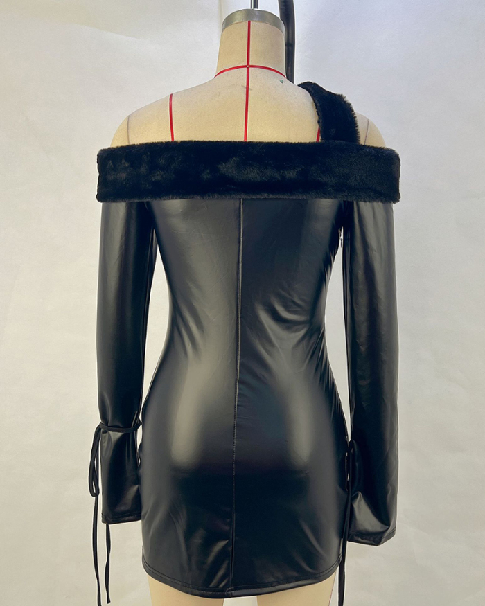 Fur Off Shoulder Slash Neck Long Sleeve PU Mini Dresses Black S-L