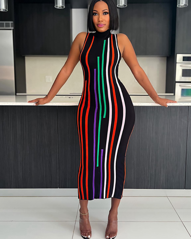 Women Sleeveless Striped Hot Sale One-piece Dress Red Black S-L