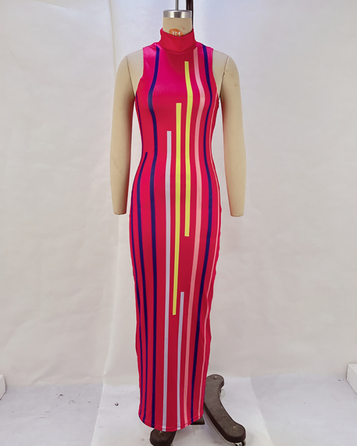 Women Sleeveless Striped Hot Sale One-piece Dress Red Black S-L