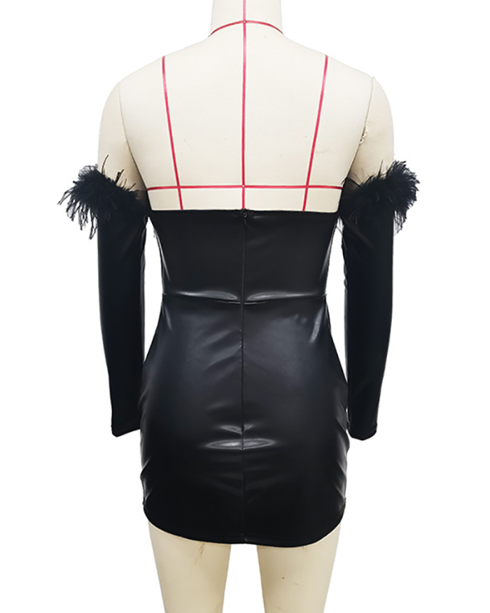 New Women Off Shoulder Long Sleeve Feather PU One-piece Dress Black S-XL