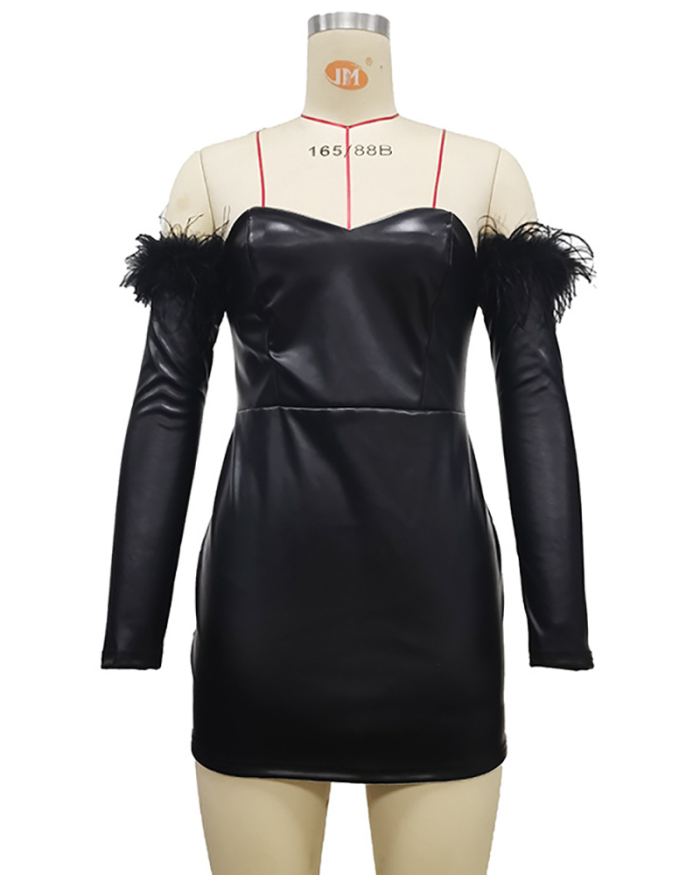 New Women Off Shoulder Long Sleeve Feather PU One-piece Dress Black S-XL