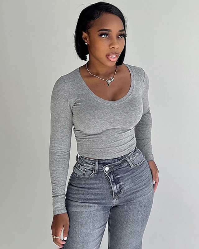 Long Sleeve V-neck Short Tops S-L