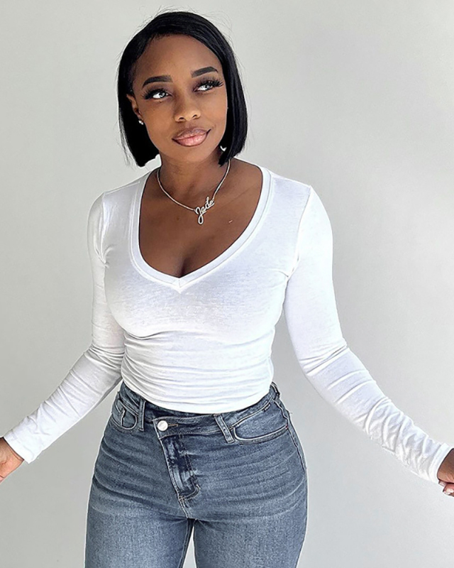 Long Sleeve V-neck Short Tops S-L