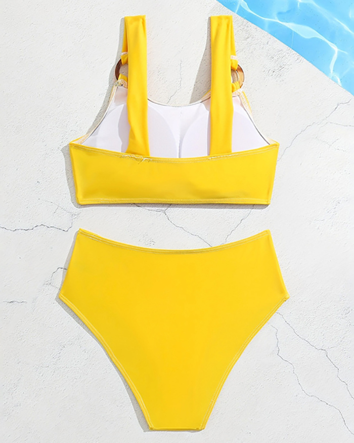 Solid Color High Waist Kid Two Pieces Sets Swimwear Yellow 140-170