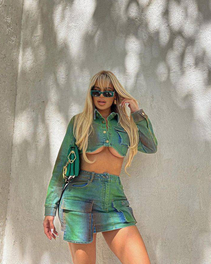Green Jeans Fashion Popular Girl Two Piece Skirt Set S-XXL