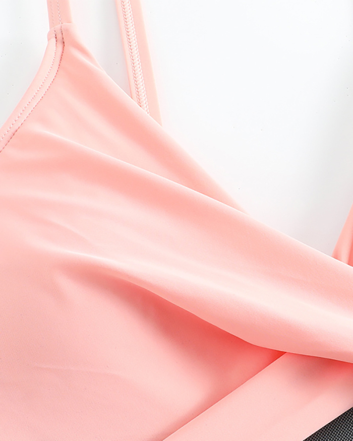 Women Colorblock Hollow Out Cirss Cross One-piece Swimsuit Pink XS-2XL