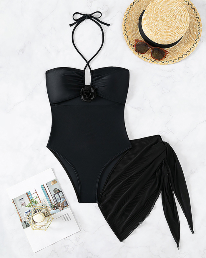 Summer Beach Wear Women Halter Neck Hollow Out One-Piece Swimsuit With Cover Up Black S-XL