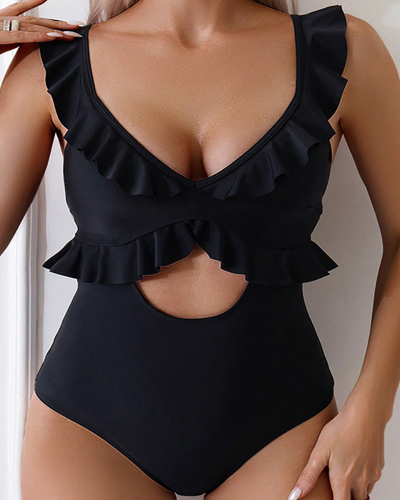 V Neck Hollow Out High Waist Ruffles One-piece Swimsuit Swimwear Black S-XL
