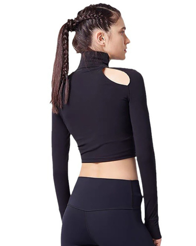 High Neck Long Sleeve Fashion Back Hole Sport Crop Top With Pad S-L