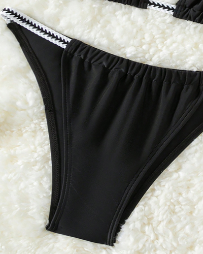 Women Halter Neck Solid Color Sexy Bikini Two-piece Swimsuit Black S-XL