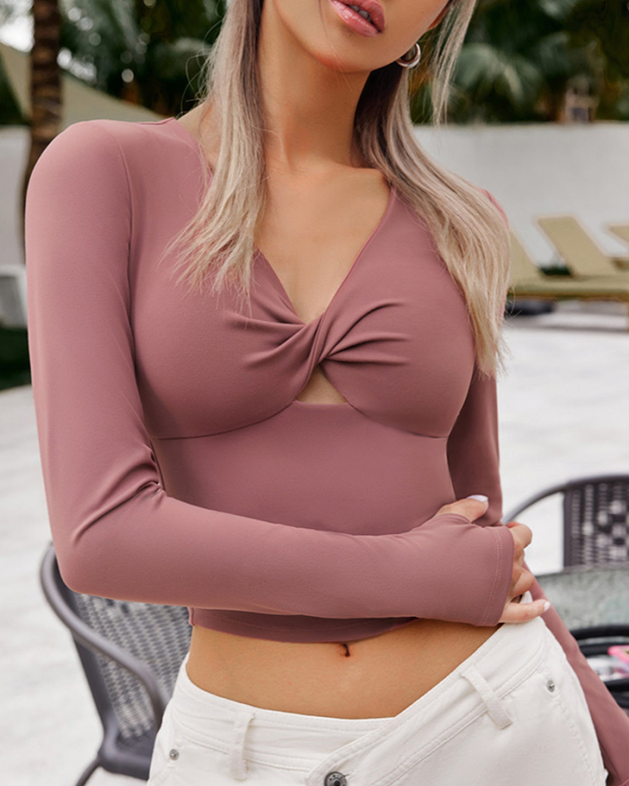 Long Sleeve V Neck Hollow Out Comfortable Yoga Tops With Pad S-L