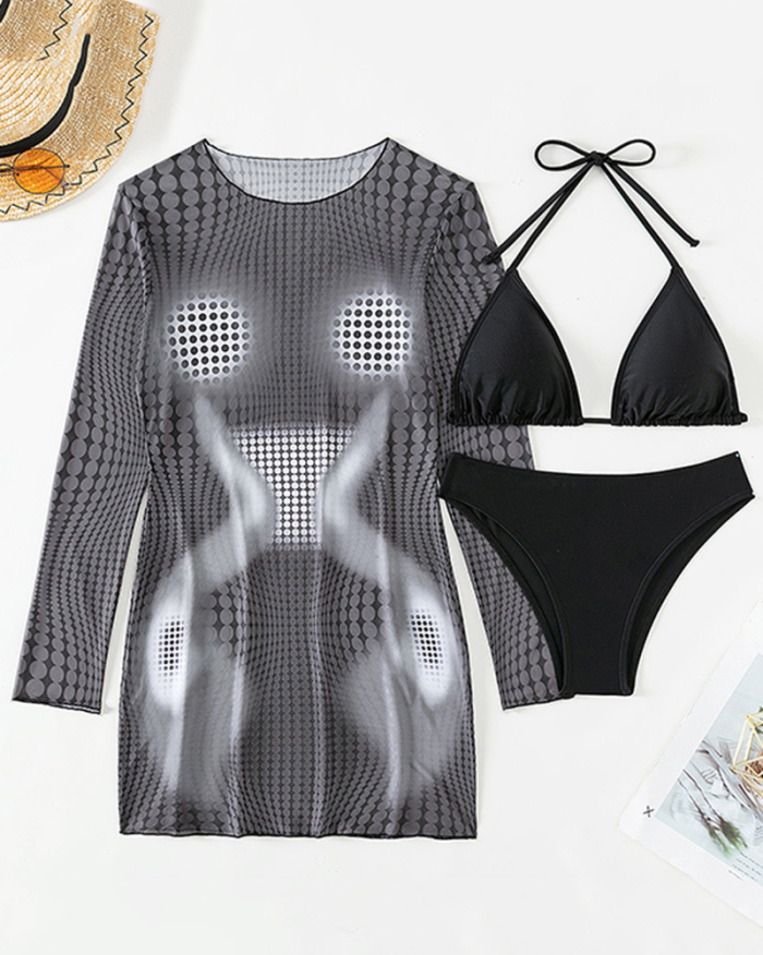 Newest Hot Sale Long Sleeve 3D Printed Cover Beach Dress Sexy Bikini Three-piece Swimsuit Black S-XL
