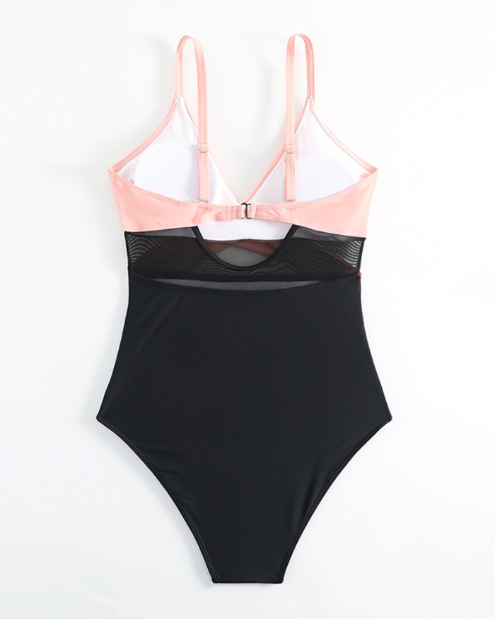 Women Colorblock Hollow Out Cirss Cross One-piece Swimsuit Pink XS-2XL