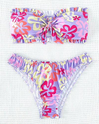 Women Florals Printing Tube Top Rushed Two-piece Swimsuit Bikini Pink S-XL