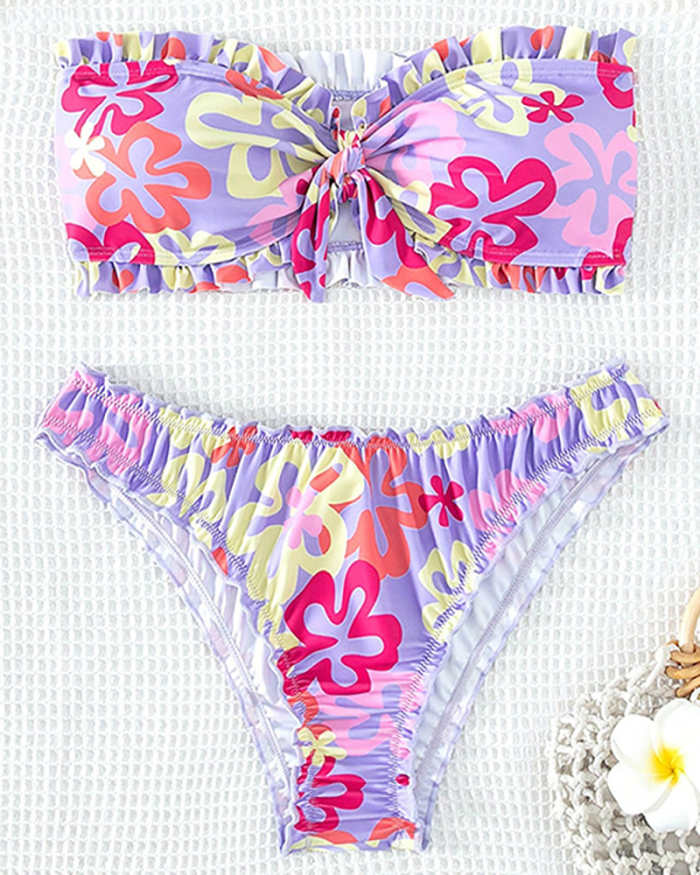 Women Florals Printing Tube Top Rushed Two-piece Swimsuit Bikini Pink S-XL