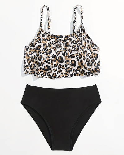 Ruffles Leopard Sling Top High Waist BottomTwo-piece Swimsuit Kid Swimwear Black 140-170