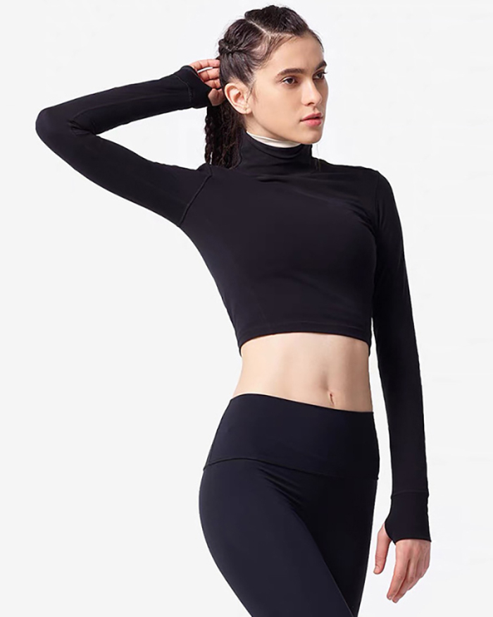 High Neck Long Sleeve Fashion Back Hole Sport Crop Top With Pad S-L