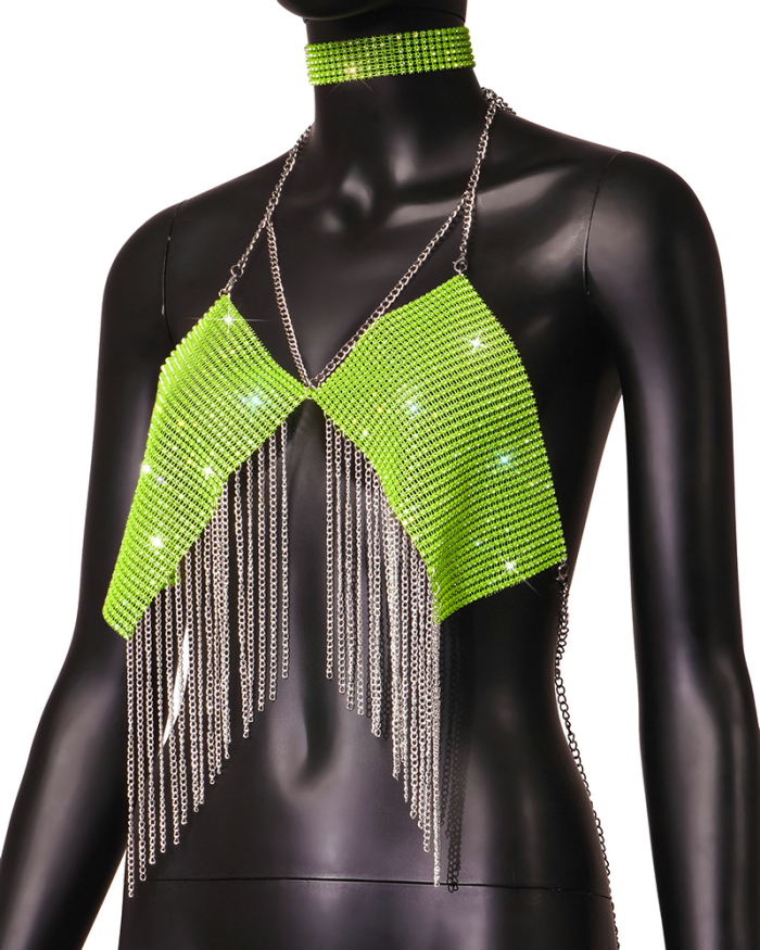 Sexy Backless Sequin Tassel Body Chain Top White Pink Green Black Rosy Gold One Size