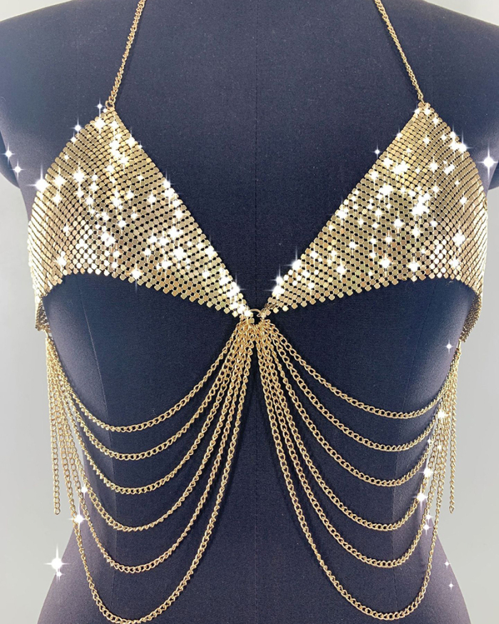 Sexy Shining Sequin Halter Neck Tassel Chian Vest Gold Silver