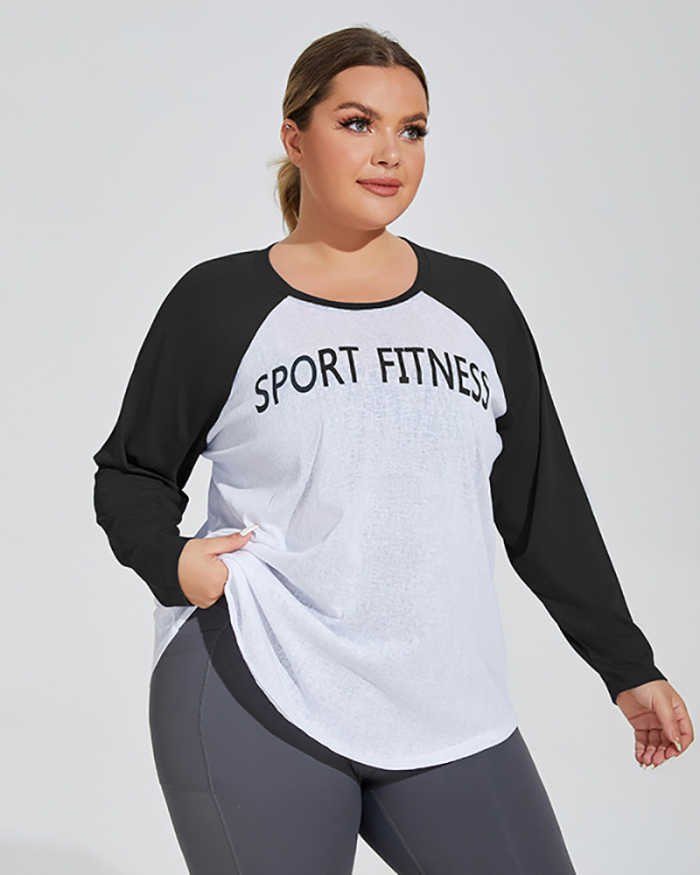 Women Long Sleeve Colorblock Sport Fitness Plus Size Yoga Top Black Coffee Blue XL-4XL