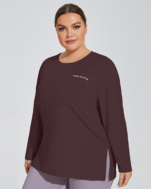 Crew Neck Letter Printed Long Sleeve Side Slit Plus Size Yoga Purple Green Coffee Black XL-4XL