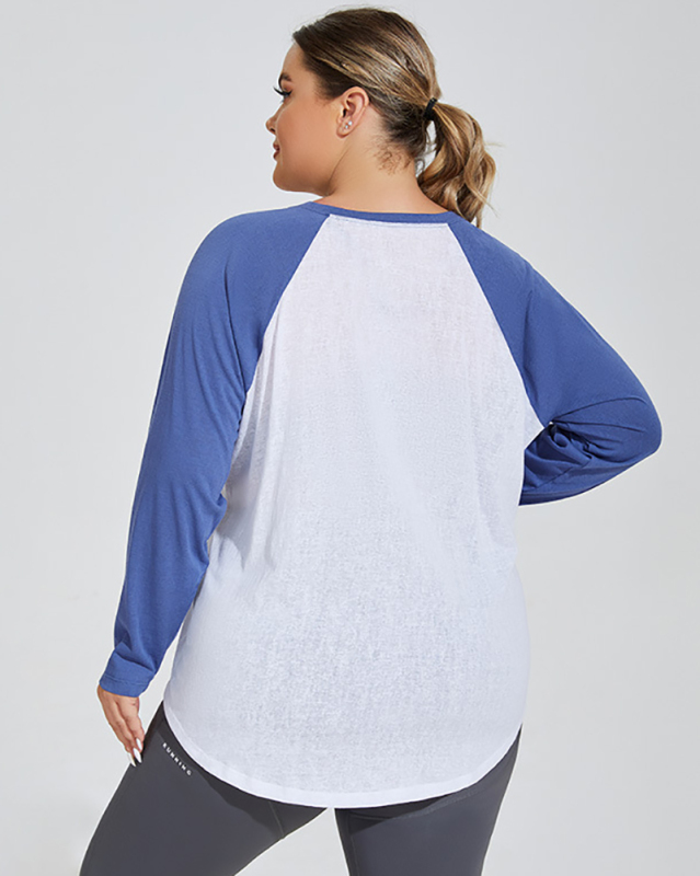 Women Long Sleeve Colorblock Sport Fitness Plus Size Yoga Top Black Coffee Blue XL-4XL