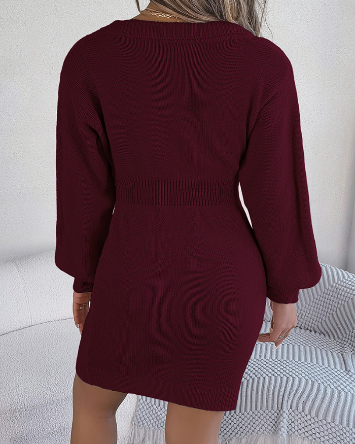 V-neck  Wholesale Printed Knitted Sweater Dress S-L